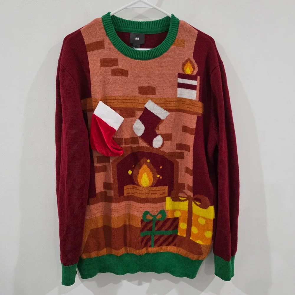 H&M Mens Ugly Christmas Sweater Size Large Red Fireplace 3D Stocking Holiday